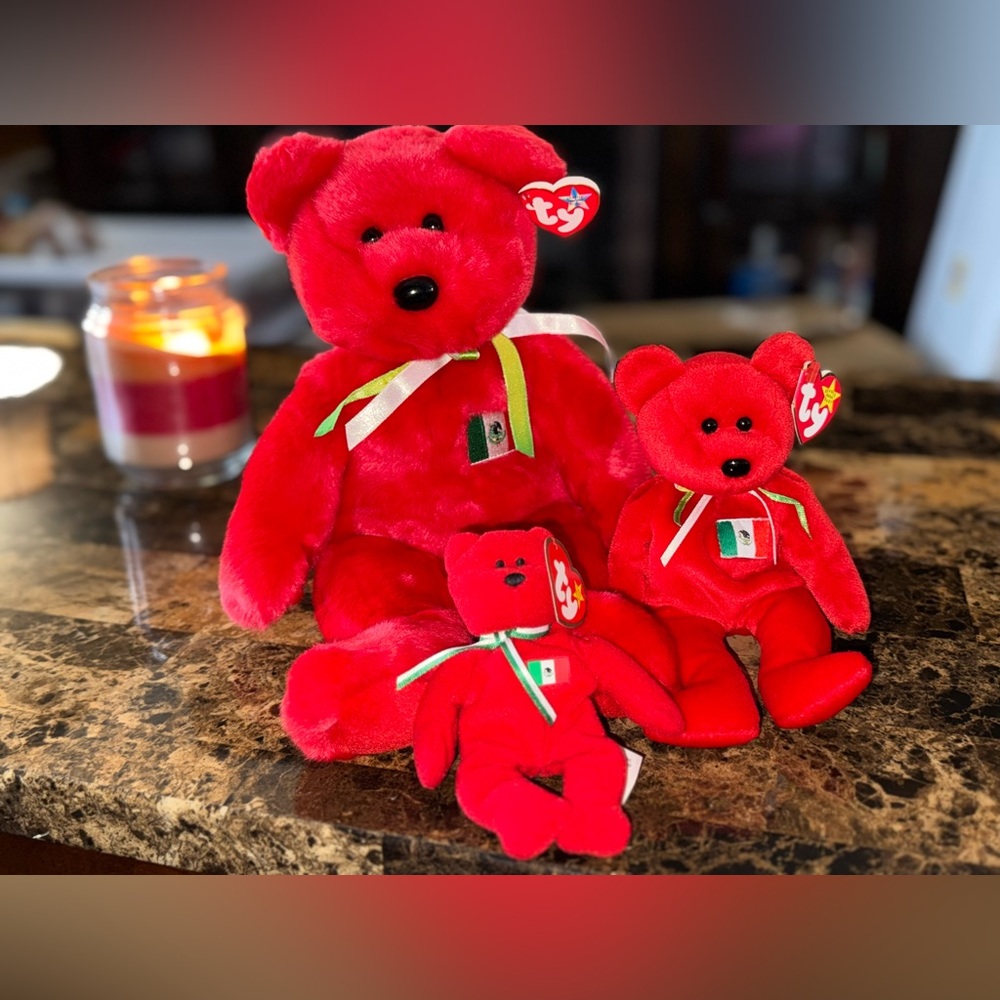 🧸 TY Osito Bear Trio Set – Large Beanie + Regular Beanie + Teeny – Mexico Set